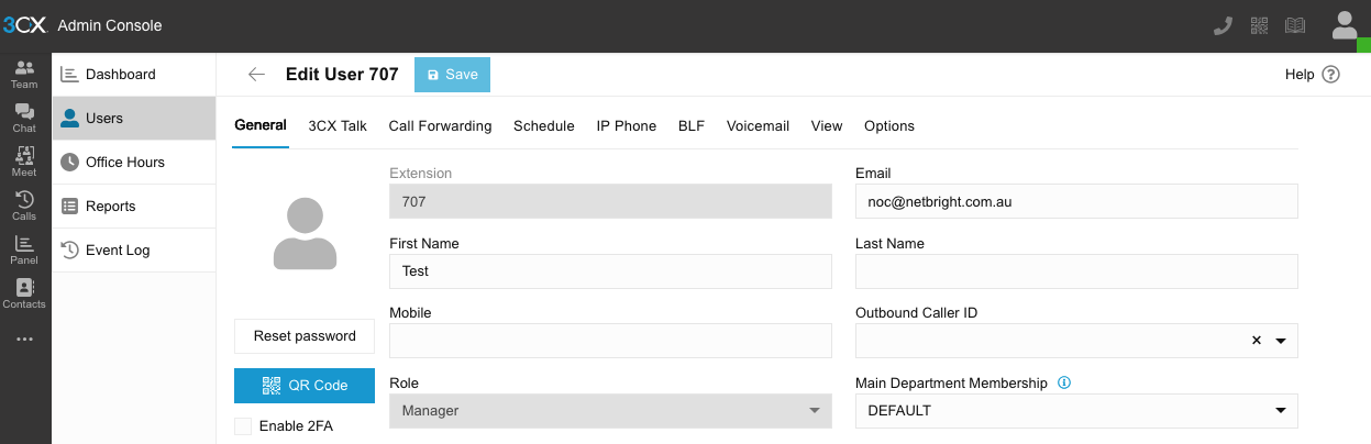 The Edit User screen for an existing user