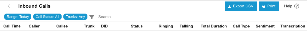 The inbound and outbound call report filter options