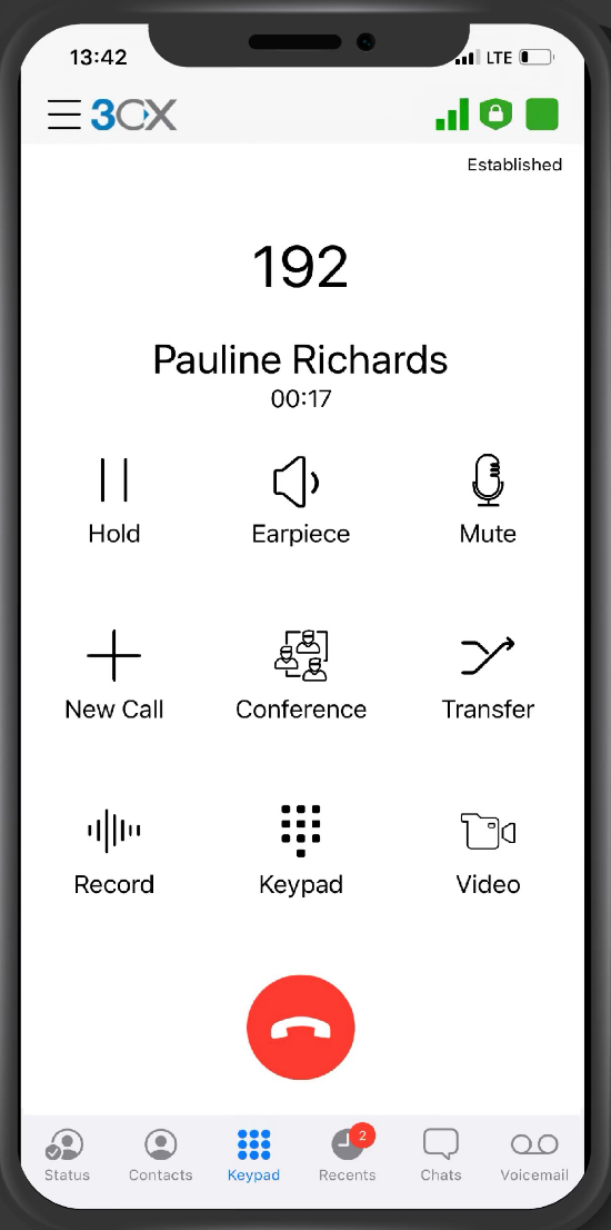 3CX mobile app interface showing an active call in progress, with Hold, Earpiece, Mute, New Call, Conference, Transfer, Record, Keypad and Video options