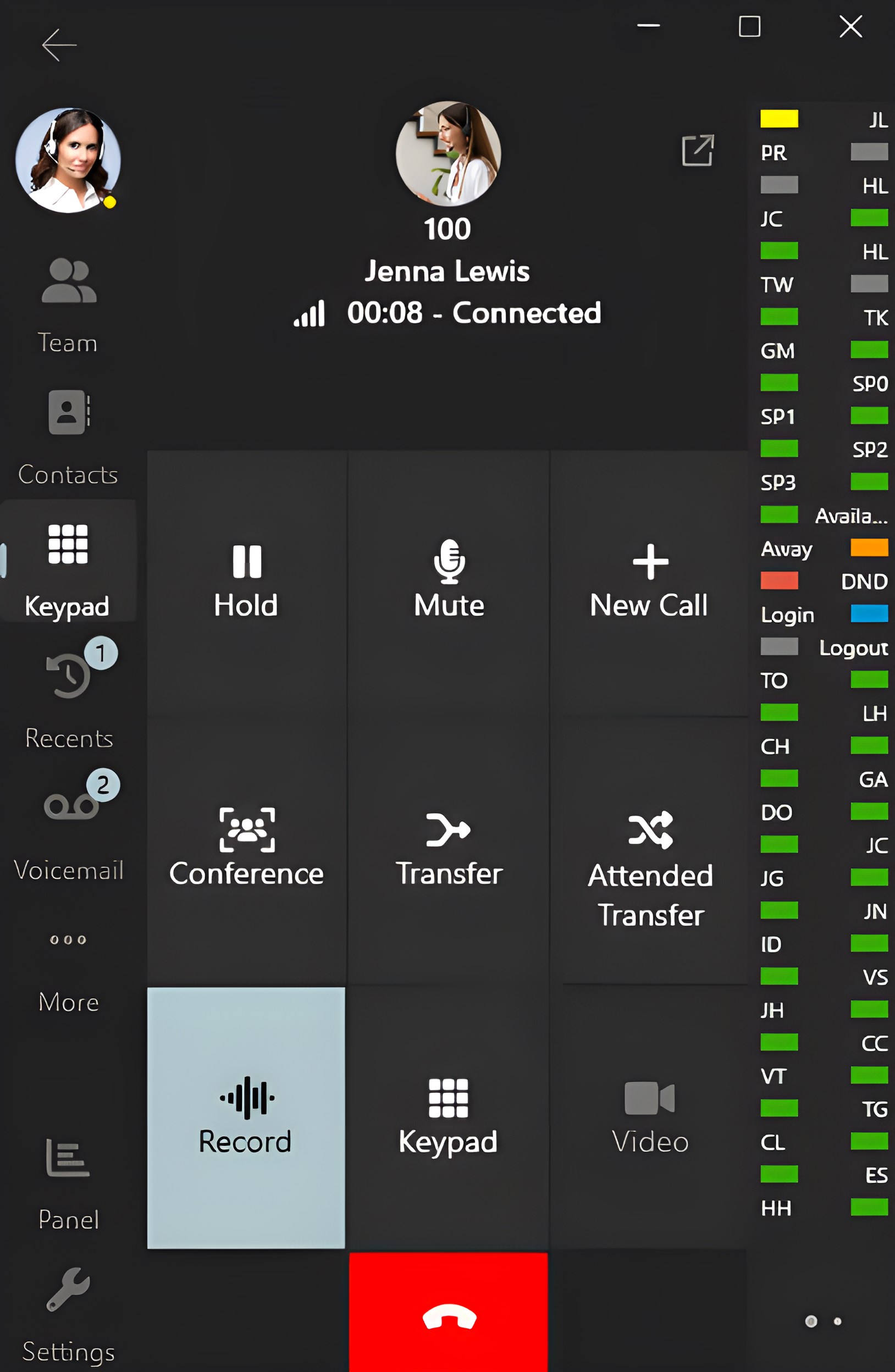 3CX Windows softphone app interface showing an active call in progress